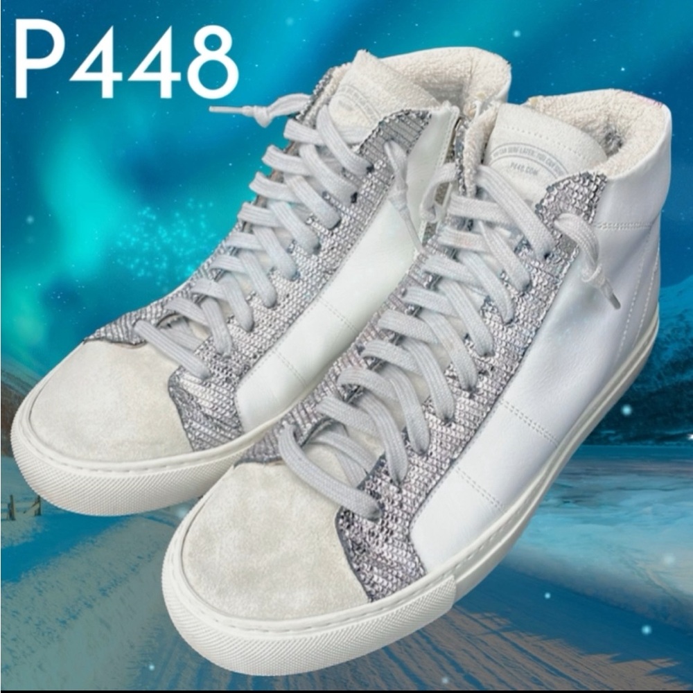 P448 WHITE LEATHER W / METALLIC HIGH TOP SNEAKERS W/ BOX ! 😎👟- 9 US/39 EURO